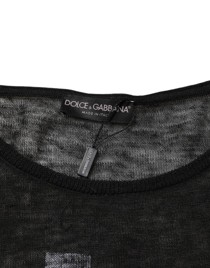 Dolce &amp; Gabbana Black Linen Mesh Tattered Longsleeves T-shirt