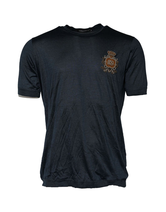 Dolce &amp; Gabbana Dark Blue Silk Logo Patch Crew Neck T-shirt
