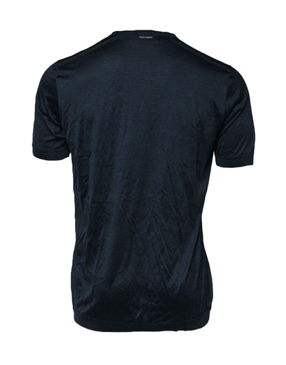 Dolce &amp; Gabbana Dark Blue Silk Logo Patch Crew Neck T-shirt