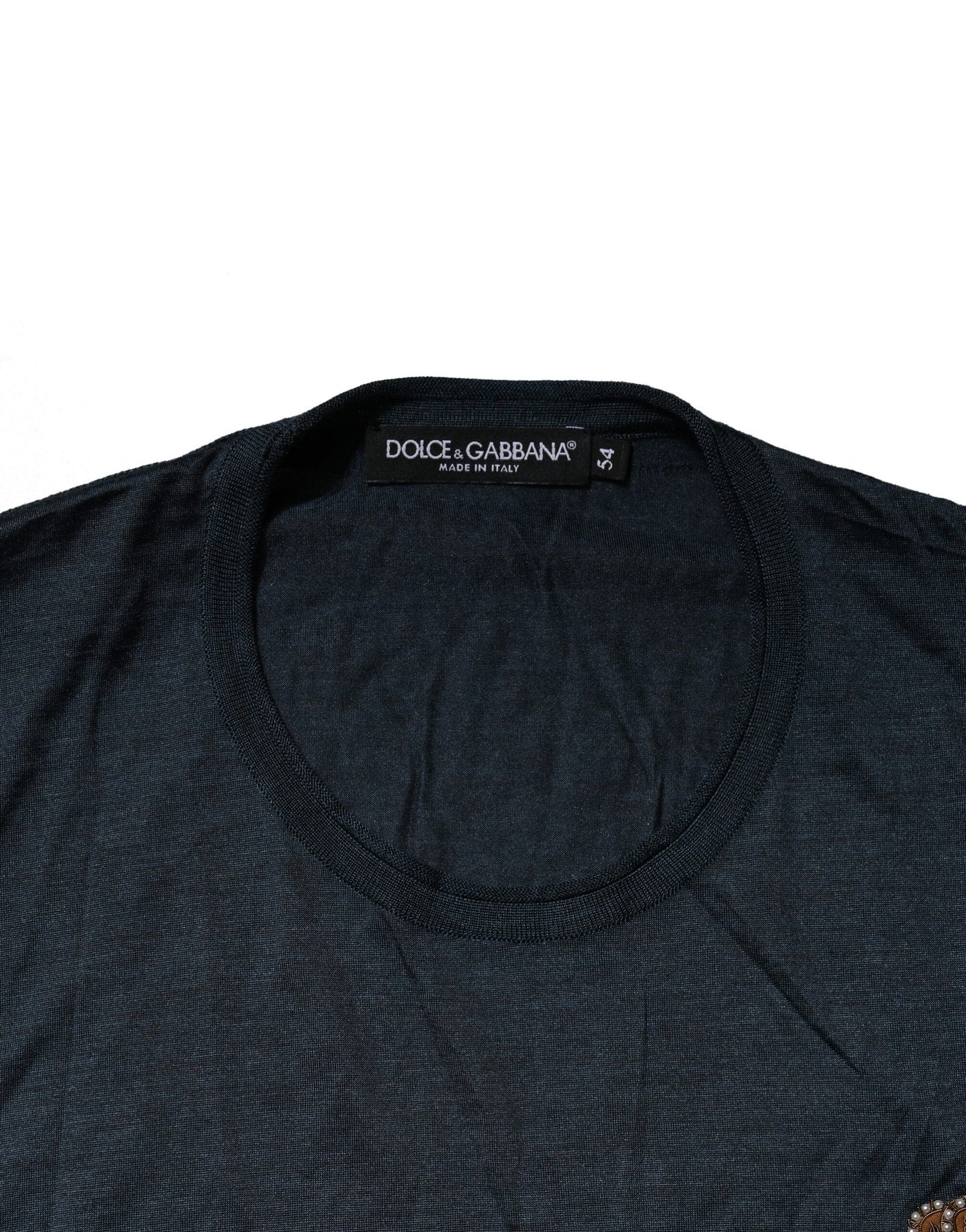 Dolce &amp; Gabbana Dark Blue Silk Logo Patch Crew Neck T-shirt