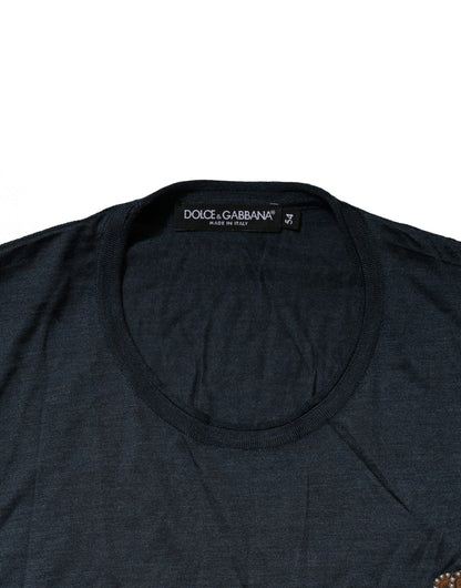 Dolce &amp; Gabbana Dark Blue Silk Logo Patch Crew Neck T-shirt