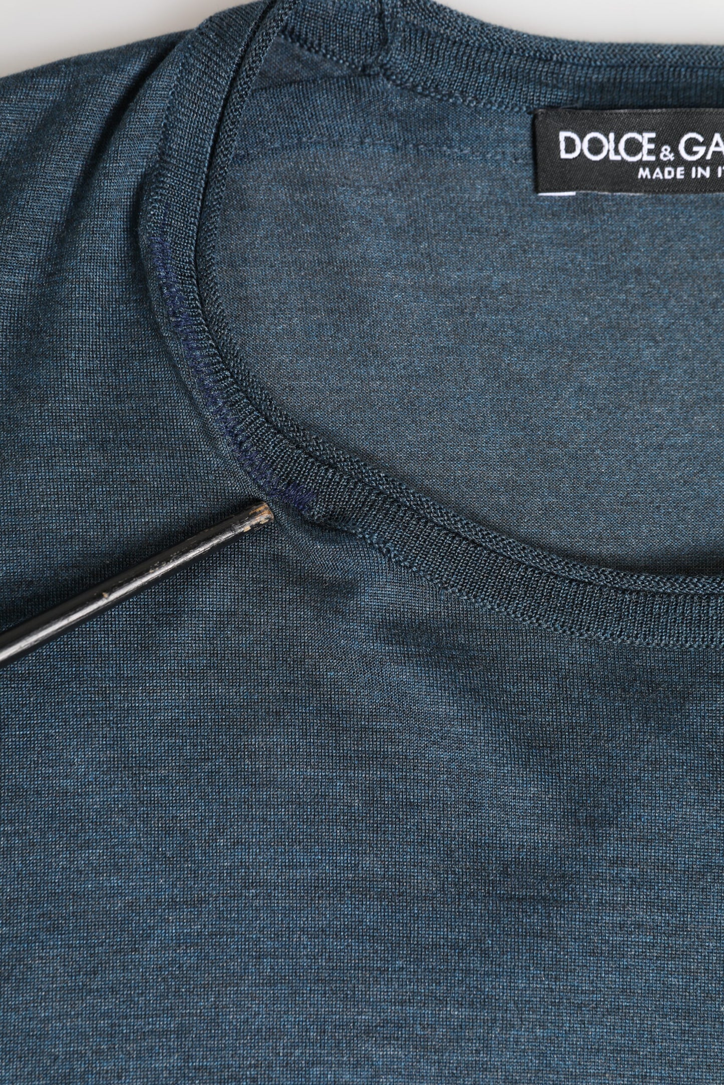 Dolce &amp; Gabbana Dark Blue Silk Logo Patch Crew Neck T-shirt