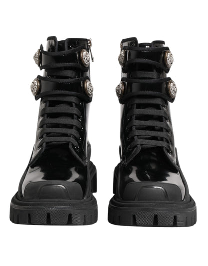 Dolce &amp; Gabbana Black Leather DG Logo Combat Ankle Boots Shoes