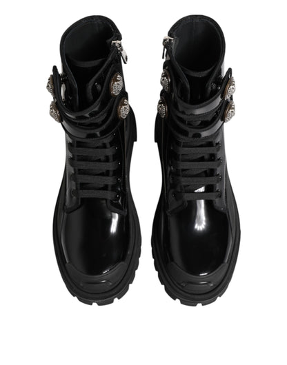 Dolce &amp; Gabbana Black Leather DG Logo Combat Ankle Boots Shoes