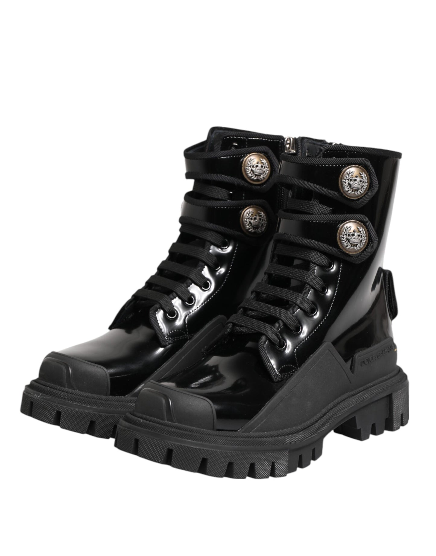 Dolce &amp; Gabbana Black Leather DG Logo Combat Ankle Boots Shoes