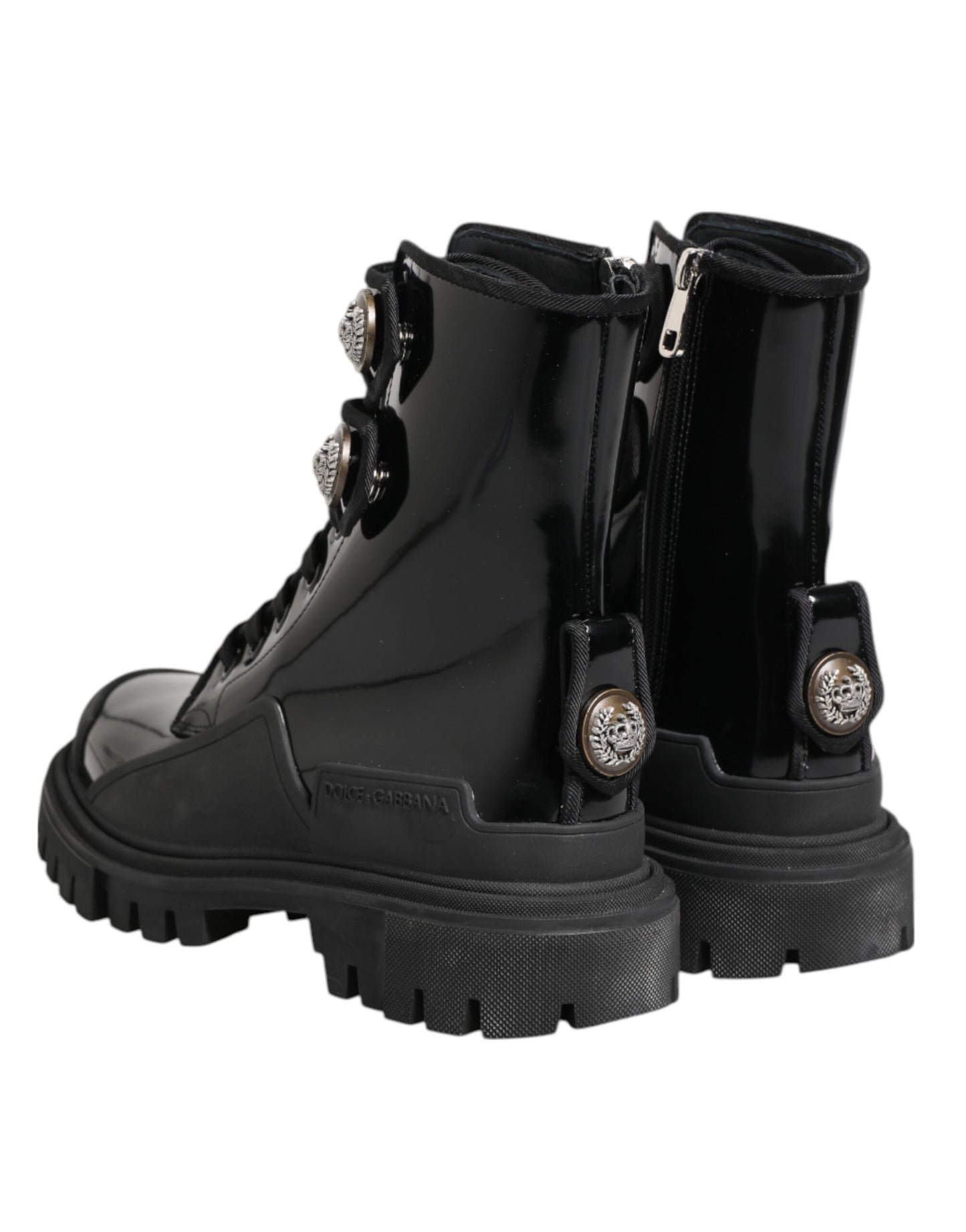 Dolce &amp; Gabbana Black Leather DG Logo Combat Ankle Boots Shoes