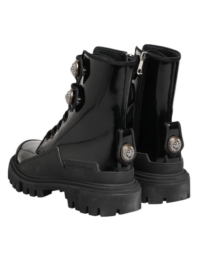 Dolce &amp; Gabbana Black Leather DG Logo Combat Ankle Boots Shoes