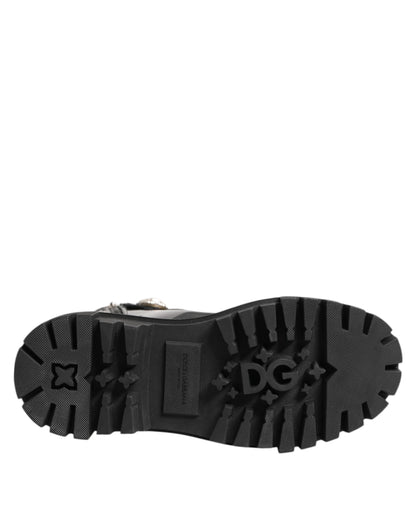 Dolce &amp; Gabbana Black Leather DG Logo Combat Ankle Boots Shoes