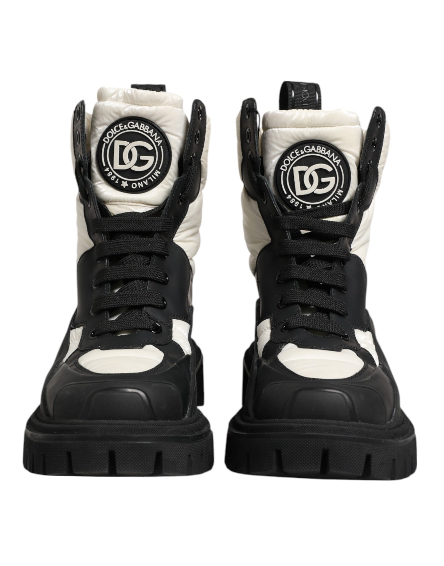 Dolce &amp; Gabbana Black White Padded Mid Calf Lace Up Boots Shoes