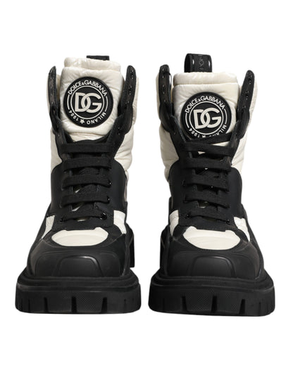 Dolce &amp; Gabbana Black White Padded Mid Calf Lace Up Boots Shoes