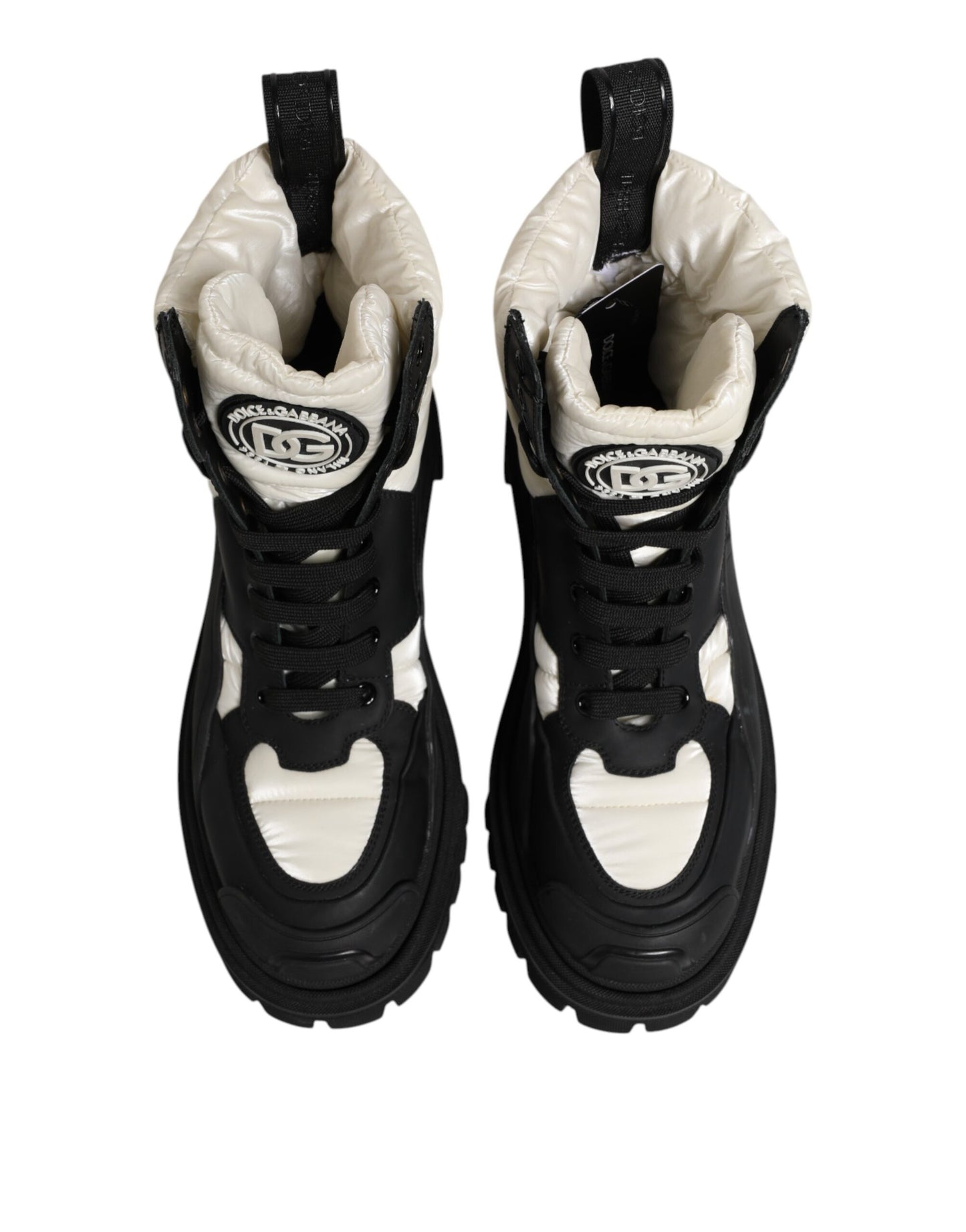 Dolce &amp; Gabbana Black White Padded Mid Calf Lace Up Boots Shoes