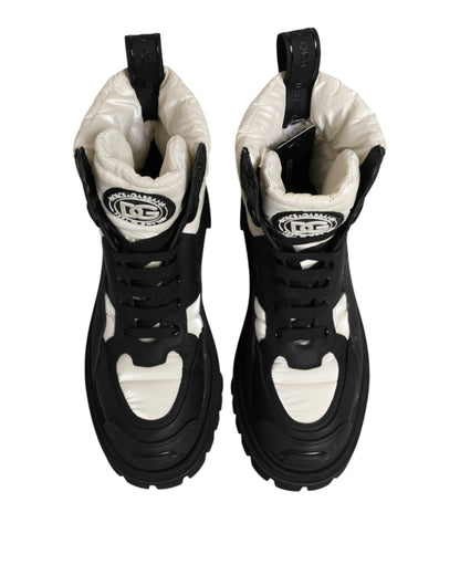 Dolce &amp; Gabbana Black White Padded Mid Calf Lace Up Boots Shoes