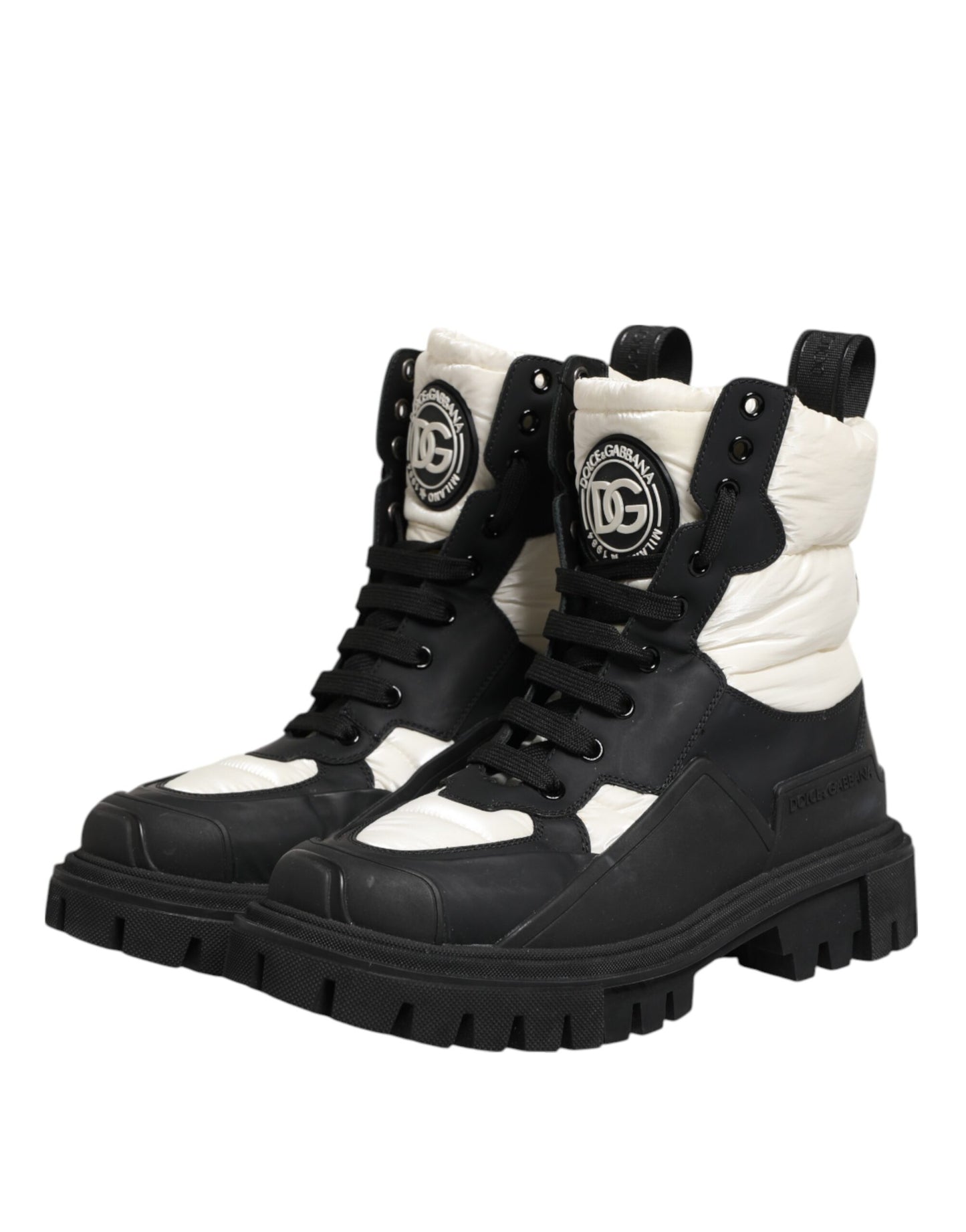 Dolce &amp; Gabbana Black White Padded Mid Calf Lace Up Boots Shoes