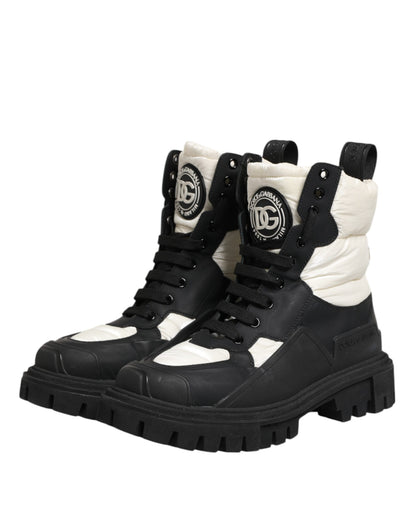 Dolce &amp; Gabbana Black White Padded Mid Calf Lace Up Boots Shoes