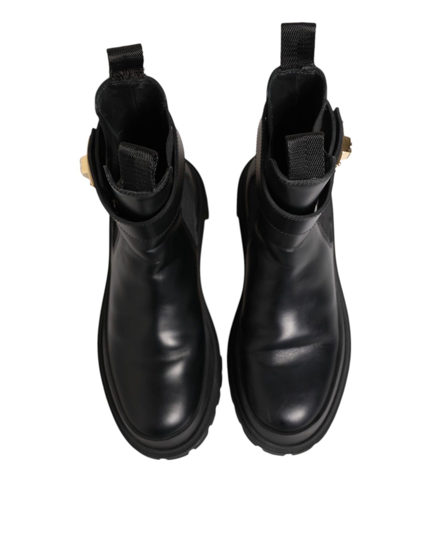 Dolce &amp; Gabbana Black Calfskin DG Logo Strap Ankle Boots Shoes