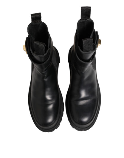 Dolce &amp; Gabbana Black Calfskin DG Logo Strap Ankle Boots Shoes