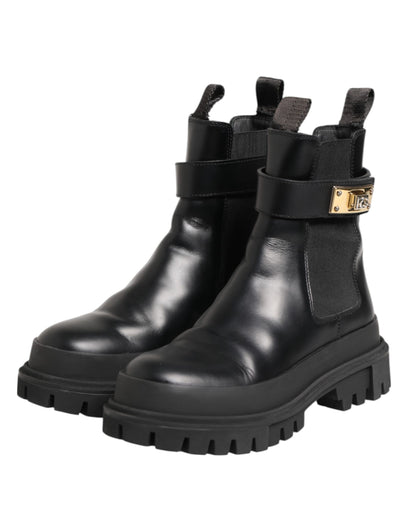 Dolce &amp; Gabbana Black Calfskin DG Logo Strap Ankle Boots Shoes