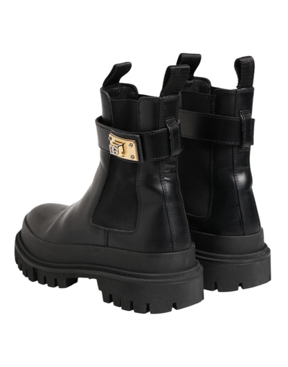 Dolce &amp; Gabbana Black Calfskin DG Logo Strap Ankle Boots Shoes