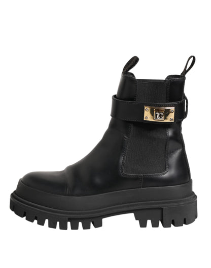 Dolce &amp; Gabbana Black Calfskin DG Logo Strap Ankle Boots Shoes