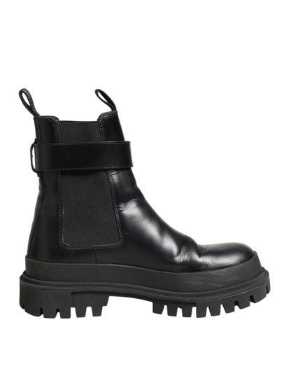 Dolce &amp; Gabbana Black Calfskin DG Logo Strap Ankle Boots Shoes