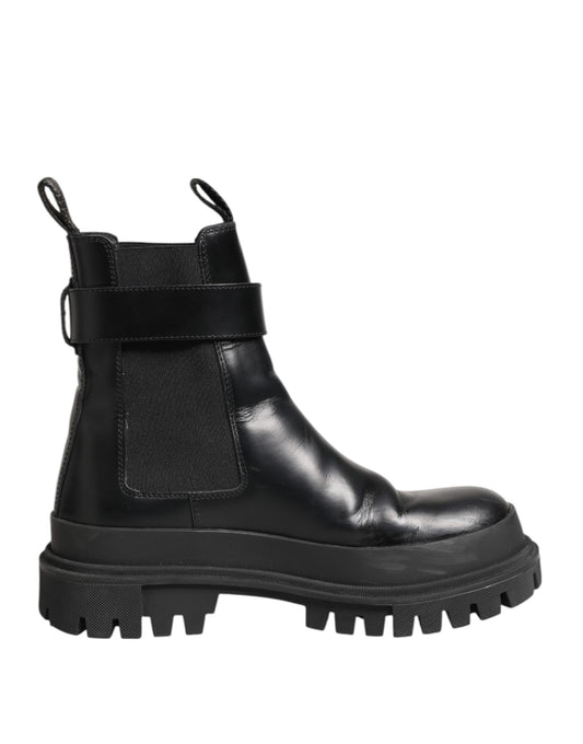 Dolce &amp; Gabbana Black Calfskin DG Logo Strap Ankle Boots Shoes