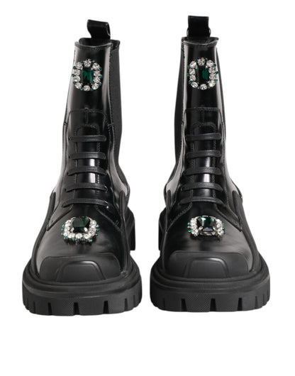 Dolce &amp; Gabbana Black Crystal Embellished Combat Boots Shoes