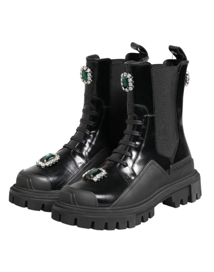 Dolce &amp; Gabbana Black Crystal Embellished Combat Boots Shoes