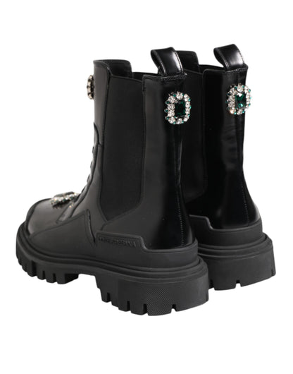 Dolce &amp; Gabbana Black Crystal Embellished Combat Boots Shoes