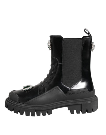 Dolce &amp; Gabbana Black Crystal Embellished Combat Boots Shoes