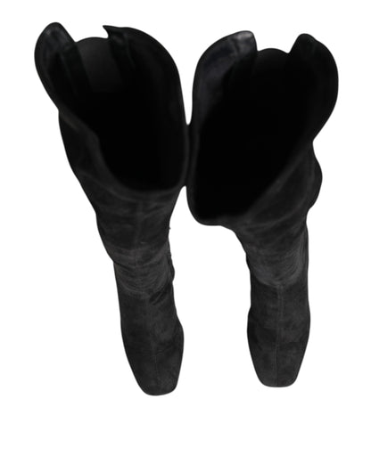 Dolce &amp; Gabbana Black Suede Leather Knee High Boots Shoes