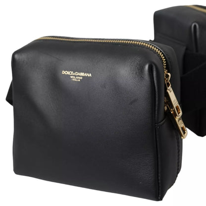Dolce &amp; Gabbana Black Calfskin Leather Double Waist Belt Fanny Pack Bag