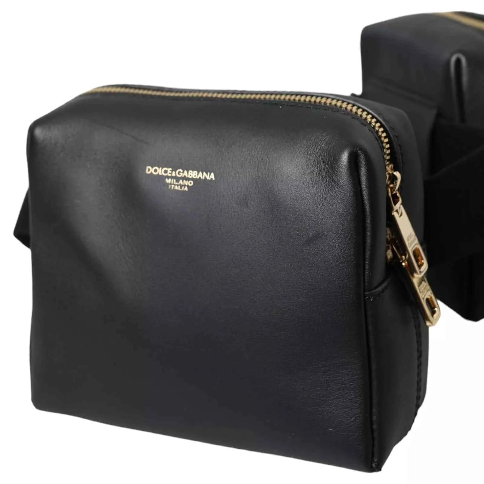 Dolce & Gabbana Black Calfskin Leather Double Waist Belt Fanny Pack Bag