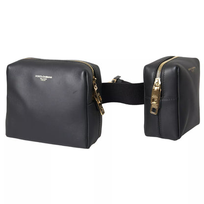 Dolce &amp; Gabbana Black Calfskin Leather Double Waist Belt Fanny Pack Bag