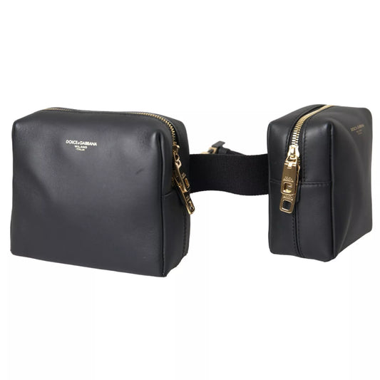 Dolce &amp; Gabbana Black Calfskin Leather Double Waist Belt Fanny Pack Bag