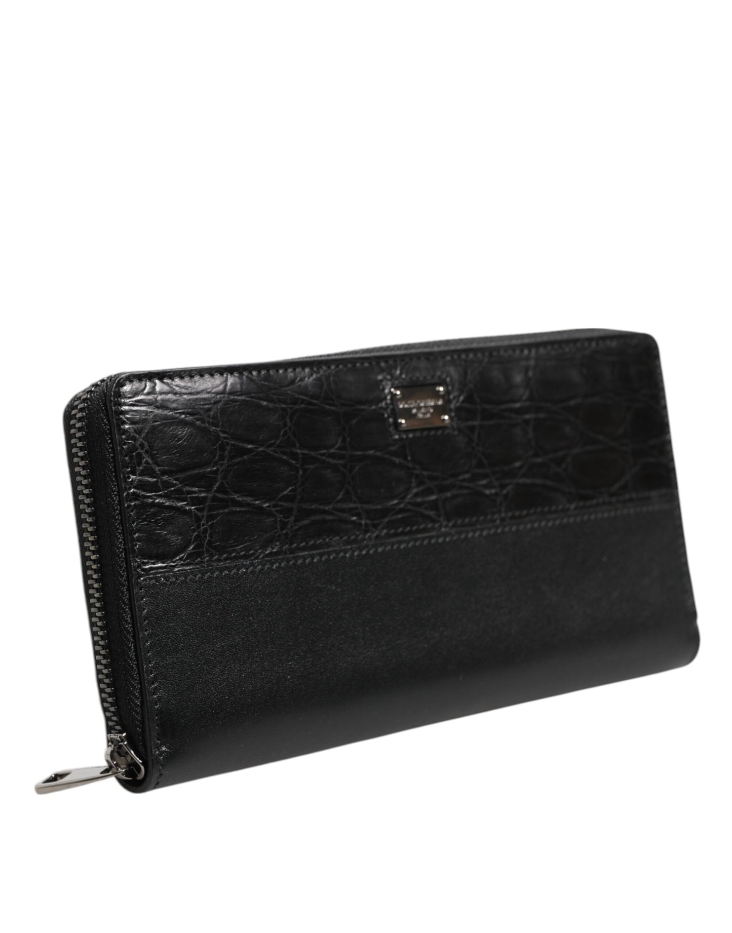 Dolce &amp; Gabbana Black Leather DG Plaque Zip Around Continental Wallet