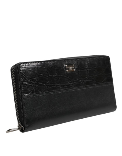 Dolce &amp; Gabbana Black Leather DG Plaque Zip Around Continental Wallet