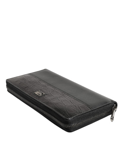 Dolce &amp; Gabbana Black Leather DG Plaque Zip Around Continental Wallet
