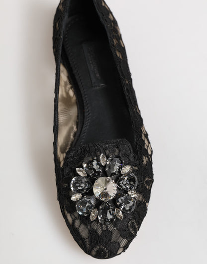Dolce &amp; Gabbana Black Taormina Lace Crystals Flats Shoes