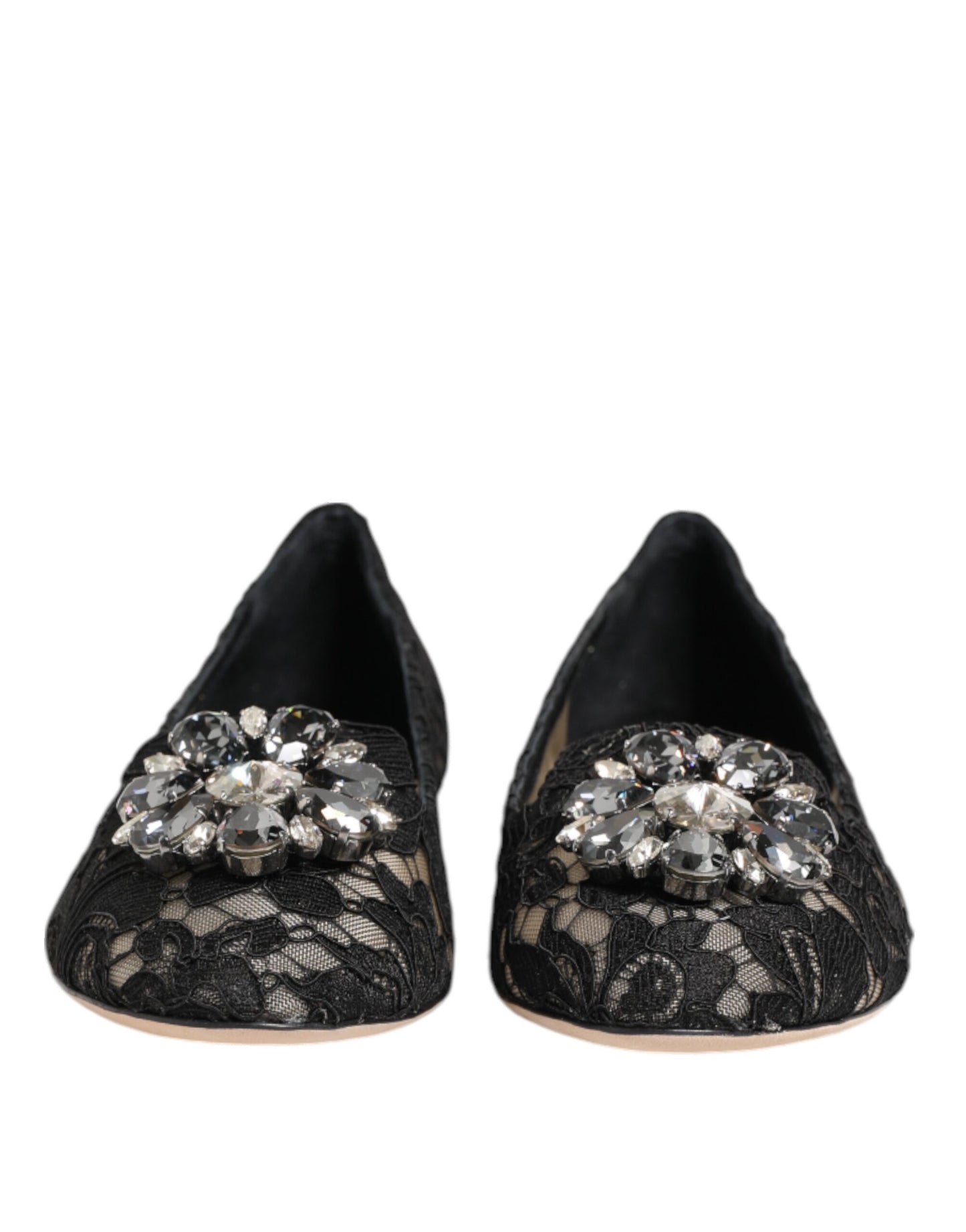 Dolce &amp; Gabbana Black Taormina Lace Crystals Flats Shoes