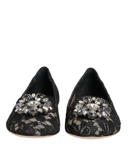 Dolce &amp; Gabbana Black Taormina Lace Crystals Flats Shoes