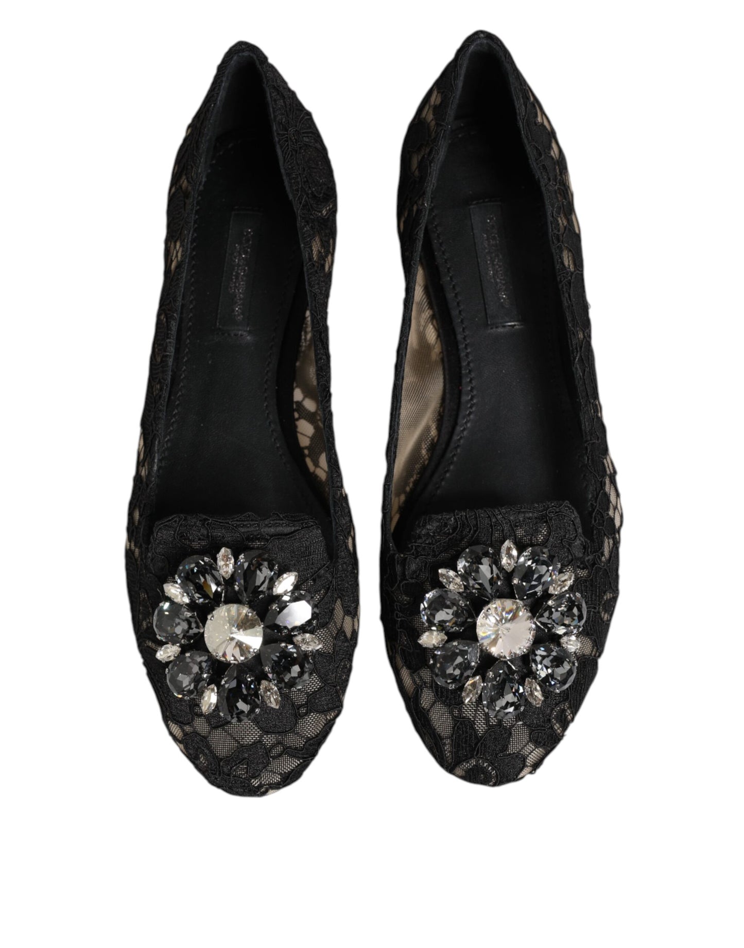 Dolce &amp; Gabbana Black Taormina Lace Crystals Flats Shoes