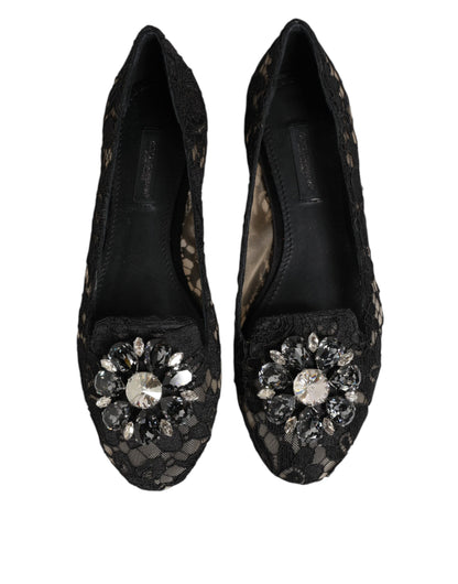 Dolce &amp; Gabbana Black Taormina Lace Crystals Flats Shoes