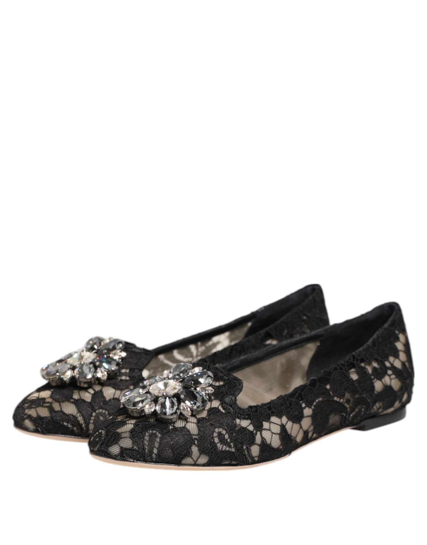 Dolce &amp; Gabbana Black Taormina Lace Crystals Flats Shoes