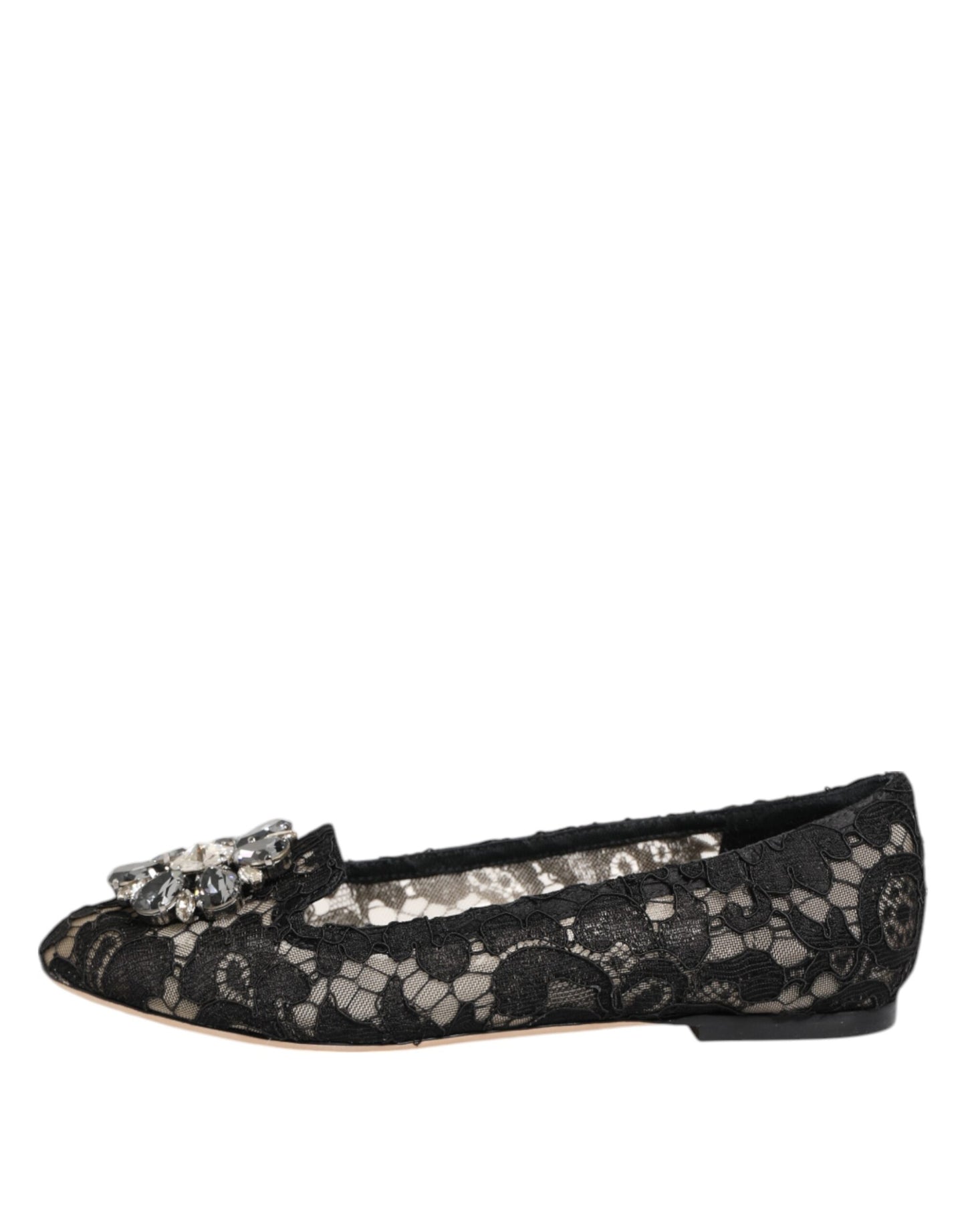 Dolce &amp; Gabbana Black Taormina Lace Crystals Flats Shoes