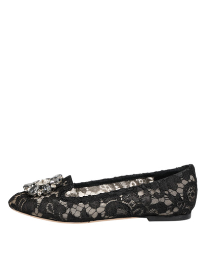 Dolce &amp; Gabbana Black Taormina Lace Crystals Flats Shoes