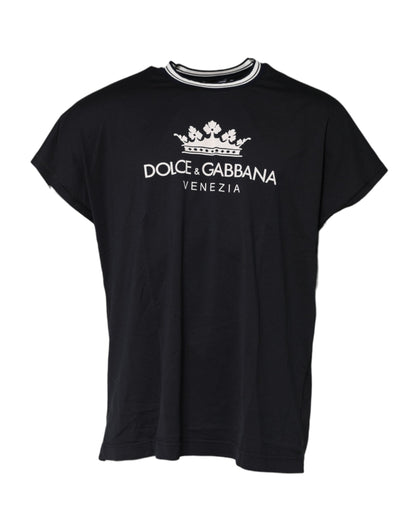 Dolce &amp; Gabbana Dark Blue Venezia Crown Cotton Crew Neck T-shirt