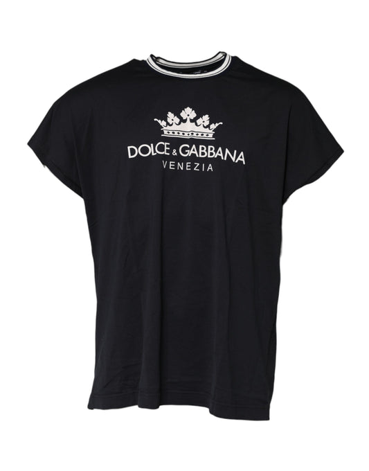 Dolce &amp; Gabbana Dark Blue Venezia Crown Cotton Crew Neck T-shirt