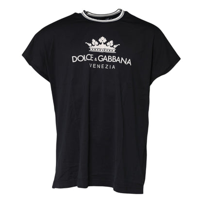 Dolce &amp; Gabbana Dark Blue Venezia Crown Cotton Crew Neck T-shirt