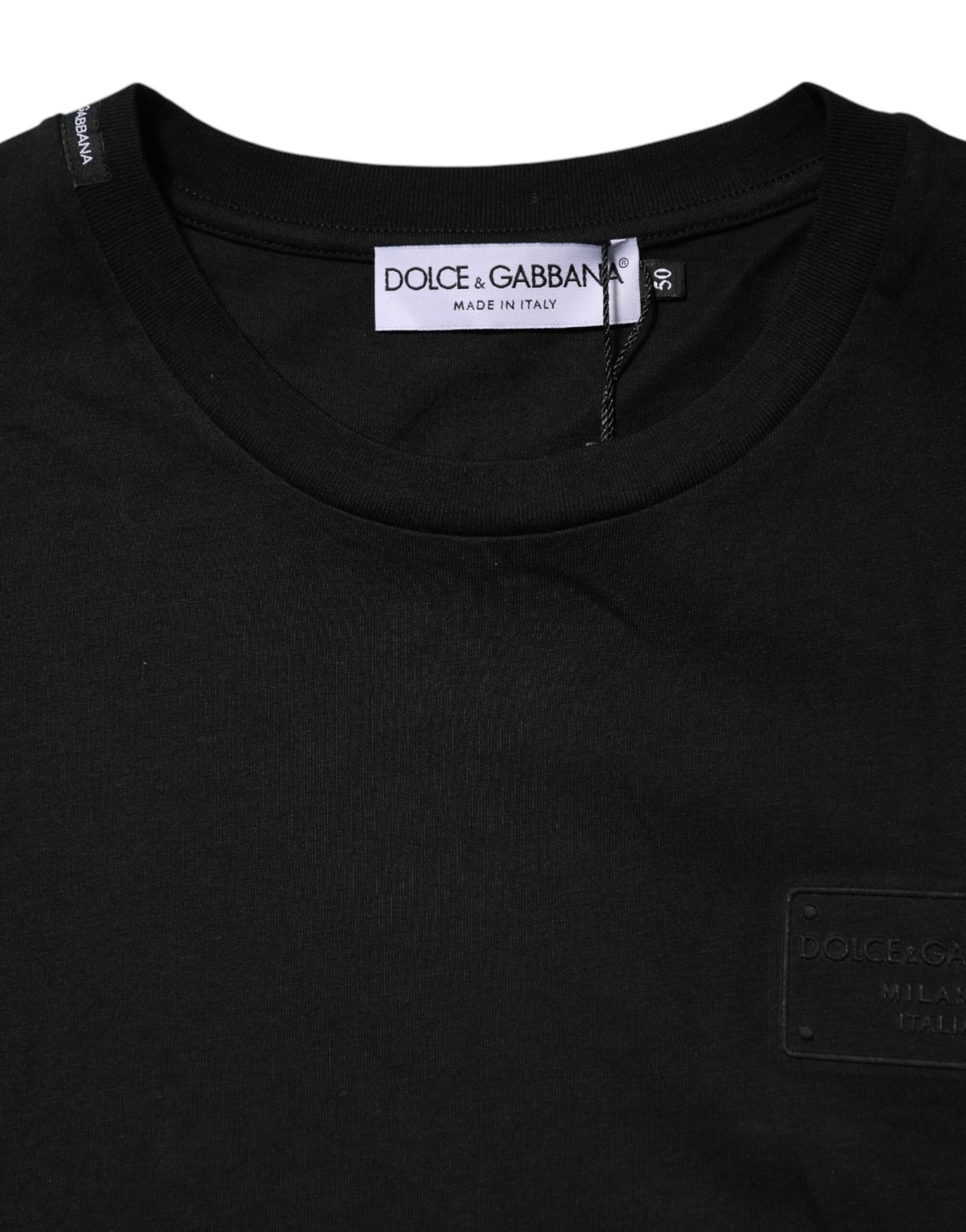 Dolce &amp; Gabbana Black Logo Plaque Cotton Crew Neck T-shirt