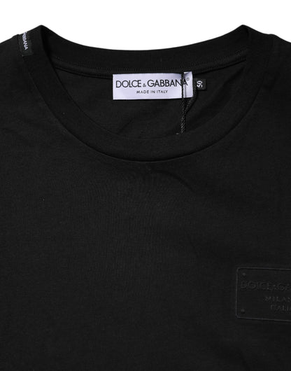 Dolce &amp; Gabbana Black Logo Plaque Cotton Crew Neck T-shirt